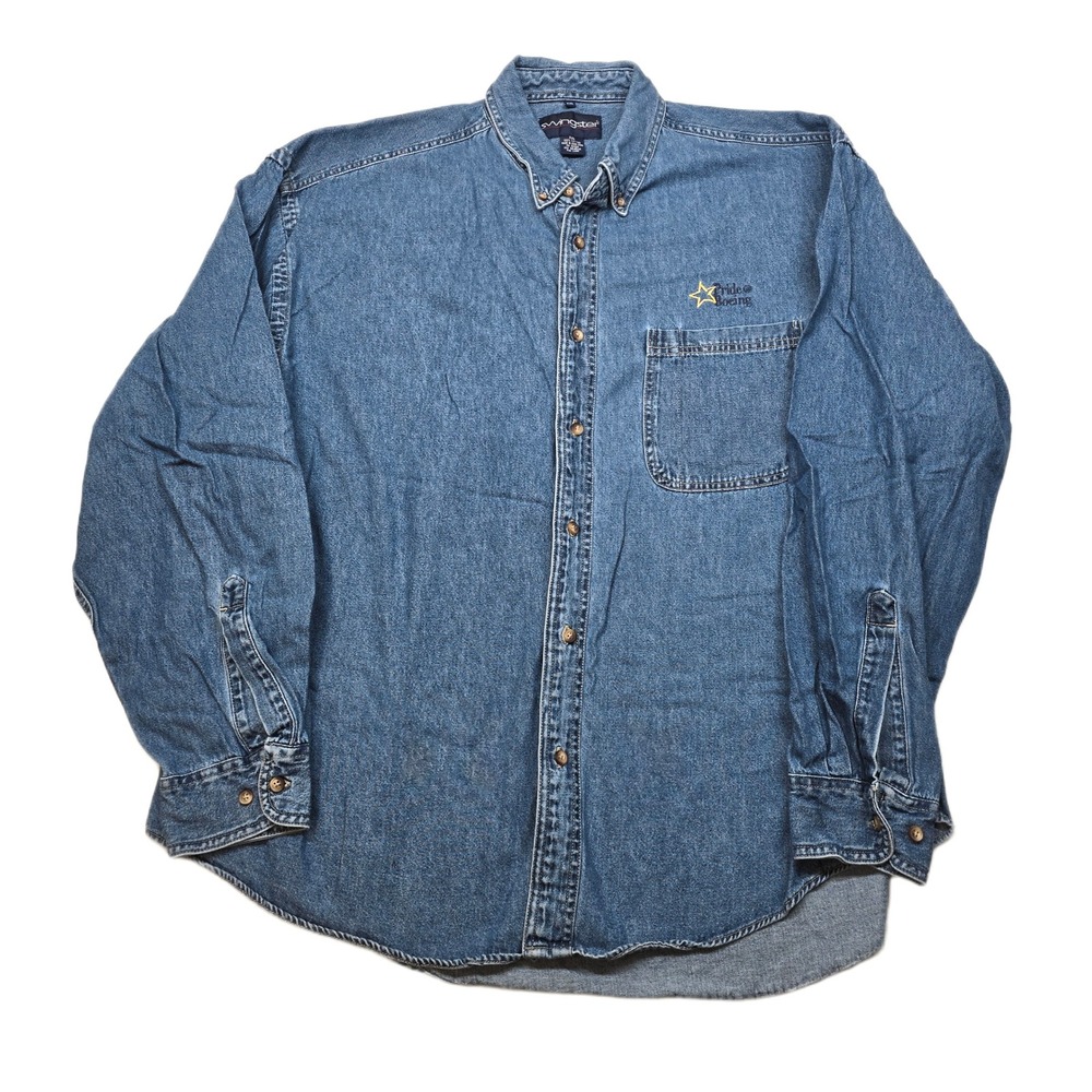 Vtg Swingster Denim Shirt Mens 2XL Blue‎ Button Up Long Sleeve Pride@B Logo
